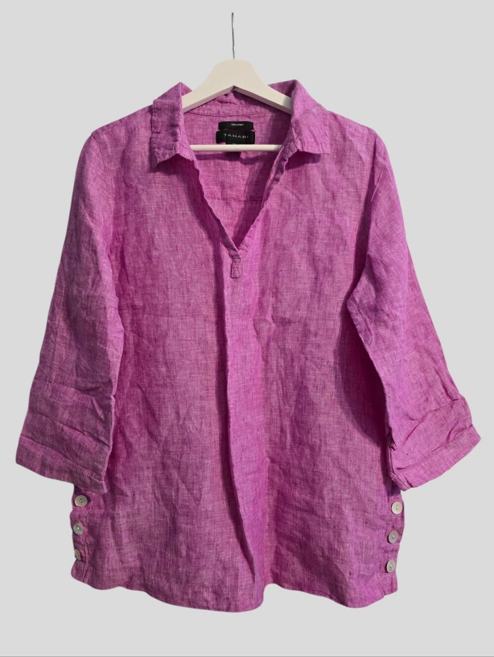 Tahari Linen Popover Shirt Top Women's Large Fuchsia Travel Resort Summer Beachy
